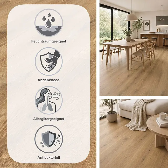 Krono Original Laminat Atlantic 7 - Sand Cantal Oak, Landhausdiele, 1.288 x 195 x 7 mm - Heller Holzfußboden in Wohnräumen, mit Eigenschaften wie Feuchtraumeignung, Abriebklasse AC4, Allergikerfreundlichkeit und Antibakteriell.
