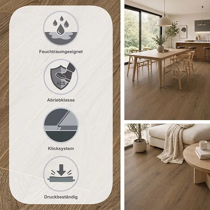 Krono Original Laminat Atlantic 8|33 - Natural Carpenter Oak, Landhausdiele, 1.288 x 195 x 8 mm - Hellbrauner Holzboden in modernem Zuhause, mit Icons für Wasserbeständigkeit, Abriebklasse AC5, Allergiker- und antibakterielle Eigenschaften.