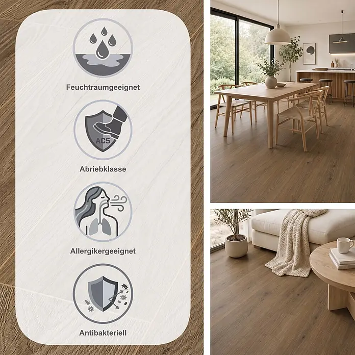 Krono Original Laminat Atlantic 8|33 - Natural Carpenter Oak, Landhausdiele, 1.288 x 195 x 8 mm - Hellbrauner Holzboden in modernem Zuhause, mit Icons für Wasserbeständigkeit, Abriebklasse AC5, Allergiker- und antibakterielle Eigenschaften.