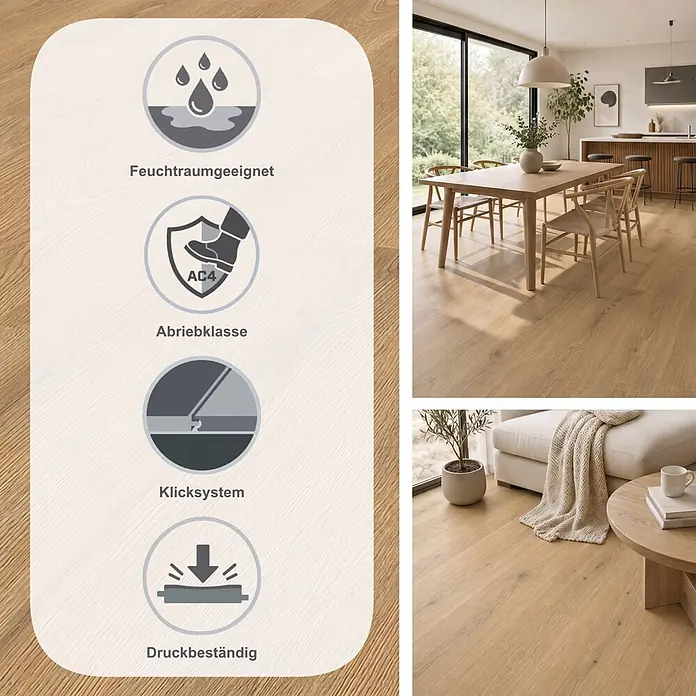 Krono Original Laminat Atlantic 7 - Wheat Cornforth Oak, Landhausdiele, 1.288 x 195 x 7 mm - Heller Boden in Eichenholzoptik für Feuchträume, mit Abriebklasse AC4, allergikerfreundlich und antibakteriell.