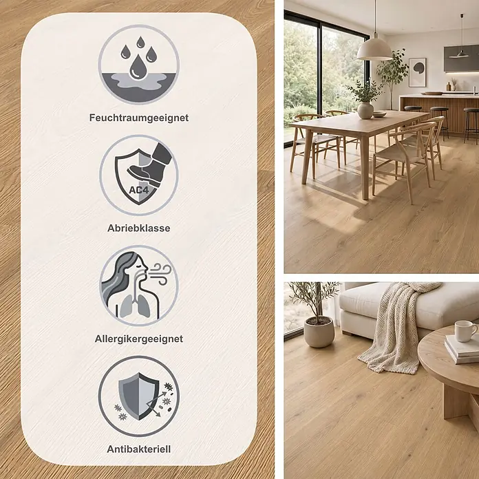 Krono Original Laminat Atlantic 7 - Wheat Cornforth Oak, Landhausdiele, 1.288 x 195 x 7 mm - Heller Boden in Eichenholzoptik für Feuchträume, mit Abriebklasse AC4, allergikerfreundlich und antibakteriell.