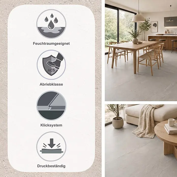 Krono Original Laminat Classic - Babylon Slate, 638 x 330 x 8 mm - Hellgrauer Fußboden, feuchtraumgeeignet, AC5 Abriebklasse, allergikerfreundlich und antibakteriell, in modernem Ambiente.