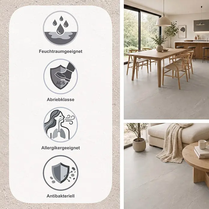 Krono Original Laminat Classic - Babylon Slate, 638 x 330 x 8 mm - Hellgrauer Fußboden, feuchtraumgeeignet, AC5 Abriebklasse, allergikerfreundlich und antibakteriell, in modernem Ambiente.