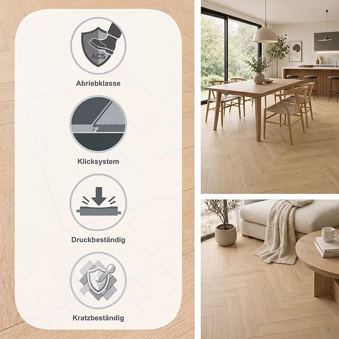 Krono Original Laminat Herringbone - Blonde Montanara Oak, Fischgrät, 630 x 126 x 8 mm - Heller Holzfischgrätboden mit AC5-Abriebklasse, allergikergeeignet, antibakteriell und Klicksystem, in modernen Wohnräumen.