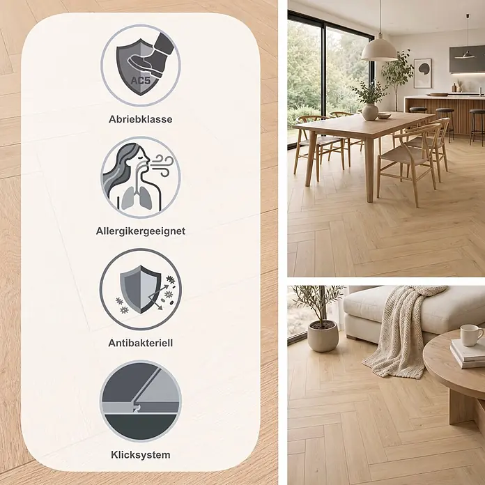 Krono Original Laminat Herringbone - Blonde Montanara Oak, Fischgrät, 630 x 126 x 8 mm - Heller Holzfischgrätboden mit AC5-Abriebklasse, allergikergeeignet, antibakteriell und Klicksystem, in modernen Wohnräumen.