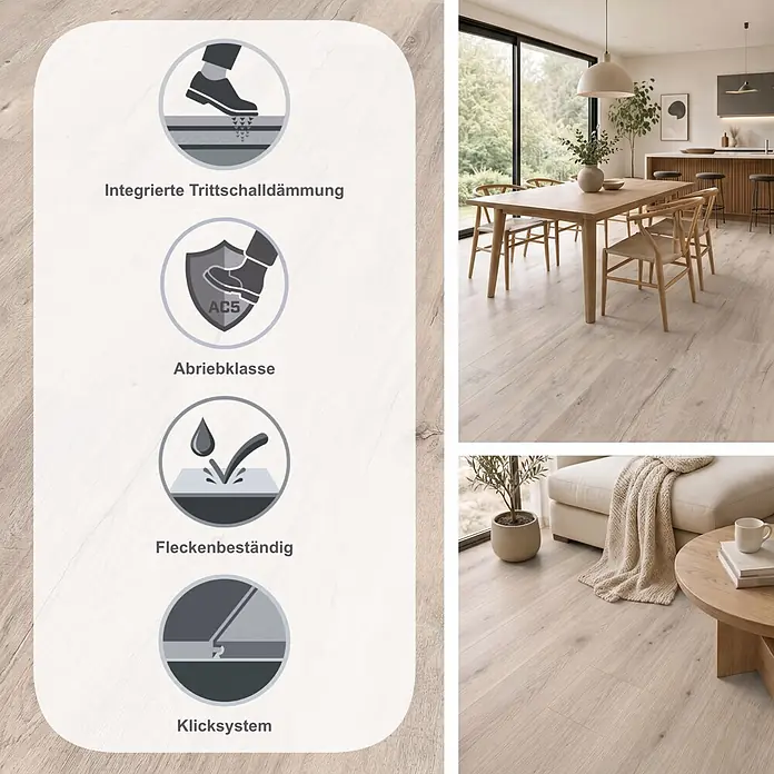 LOGOCLIC Ambienta Laminat - Aurora, Landhausdiele, 1.288 x 195 x 10 mm - Helles Laminatboden in Holzoptik, in einem modernen Zuhause verlegt, hebt seine strapazierfähigen, schalldämmenden, allergikerfreundlichen und fleckenbeständigen Eigenschaften hervor.