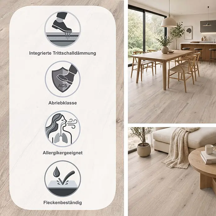 LOGOCLIC Ambienta Laminat - Aurora, Landhausdiele, 1.288 x 195 x 10 mm - Helles Laminatboden in Holzoptik, in einem modernen Zuhause verlegt, hebt seine strapazierfähigen, schalldämmenden, allergikerfreundlichen und fleckenbeständigen Eigenschaften hervor.