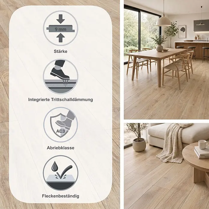 LOGOCLIC Silentos Laminat - Eiche Mira, Landhausdiele, 1.288 x 195 x 9 mm - Heller Laminatboden in Holzoptik (9mm), mit integrierter Trittschalldämmung, Abriebklasse AC3 und fleckenbeständig, gezeigt in einem modernen Zuhause.