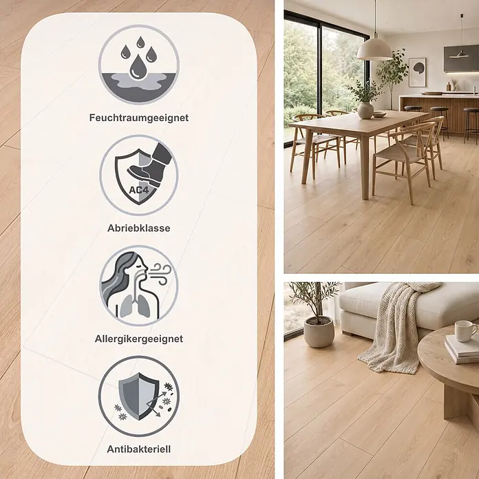 Krono Original Laminat Long Plank 8 - Blonde Montanara Oak, Landhausdiele, 2.003 x 245 x 8 mm - Helles Holzfußboden mit Symbolen für Feuchtraumeignung, Abriebklasse AC4, Allergikerfreundlichkeit und antibakterielle Eigenschaften, gezeigt in modernen Wohnräumen.