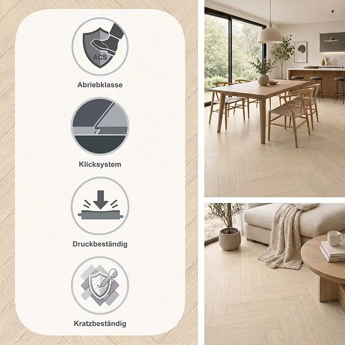Krono Original Laminat Herringbone 8 - Cream Darcy Oak, Fischgrät, 630 x 126 x 8 mm - Helles Holzoptik-Fischgrätparkett in einem modernen Zuhause, mit Symbolen für Abriebklasse, Allergikerfreundlichkeit, Antibakteriell und Klicksystem.