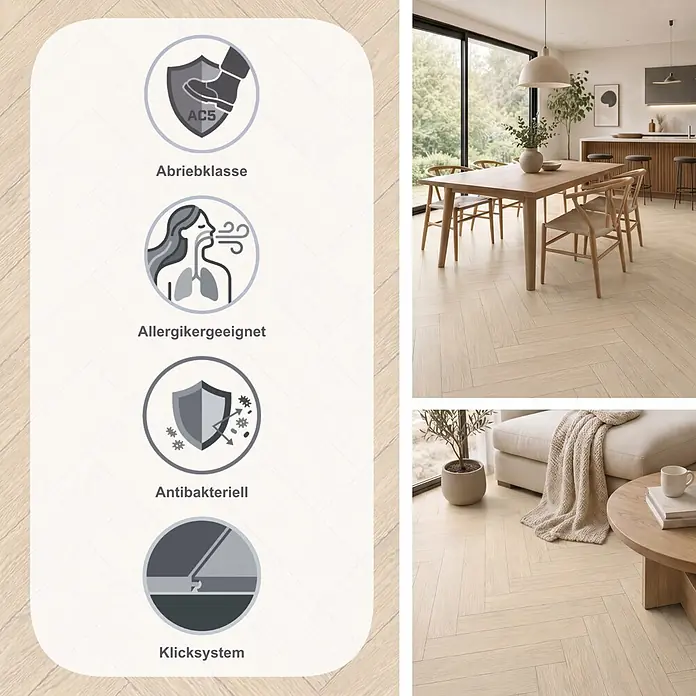 Krono Original Laminat Herringbone 8 - Cream Darcy Oak, Fischgrät, 630 x 126 x 8 mm - Helles Holzoptik-Fischgrätparkett in einem modernen Zuhause, mit Symbolen für Abriebklasse, Allergikerfreundlichkeit, Antibakteriell und Klicksystem.