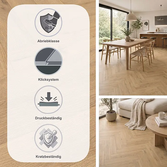 LOGOCLIC Vinto Laminat Herringbone - Galaxy Oak, Landhausdiele, 630 x 126 x 8 mm - Helles Fischgrätparkett aus Holz in modernen Räumen. Verfügt über Abriebklasse AC5, ist allergikerfreundlich, antibakteriell und Klicksystem.
