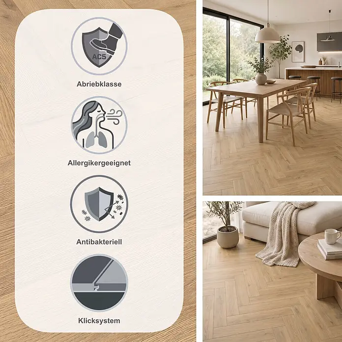 LOGOCLIC Vinto Laminat Herringbone - Galaxy Oak, Landhausdiele, 630 x 126 x 8 mm - Helles Fischgrätparkett aus Holz in modernen Räumen. Verfügt über Abriebklasse AC5, ist allergikerfreundlich, antibakteriell und Klicksystem.