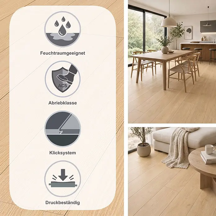 Krono Original Laminat Atlantic 12 - Hay Darcy Oak, Landhausdiele, 1.288 x 195 x 12 mm - Heller Holzboden mit Symbolen: Feuchtraumeignung, Abriebklasse AC5, Allergikerfreundlichkeit und antibakterielle Eigenschaften, gezeigt in modernem Zuhause.