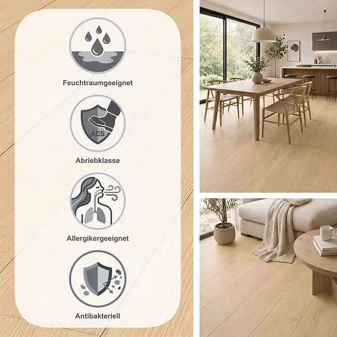 Krono Original Laminat Atlantic 12 - Hay Darcy Oak, Landhausdiele, 1.288 x 195 x 12 mm - Heller Holzboden mit Symbolen: Feuchtraumeignung, Abriebklasse AC5, Allergikerfreundlichkeit und antibakterielle Eigenschaften, gezeigt in modernem Zuhause.