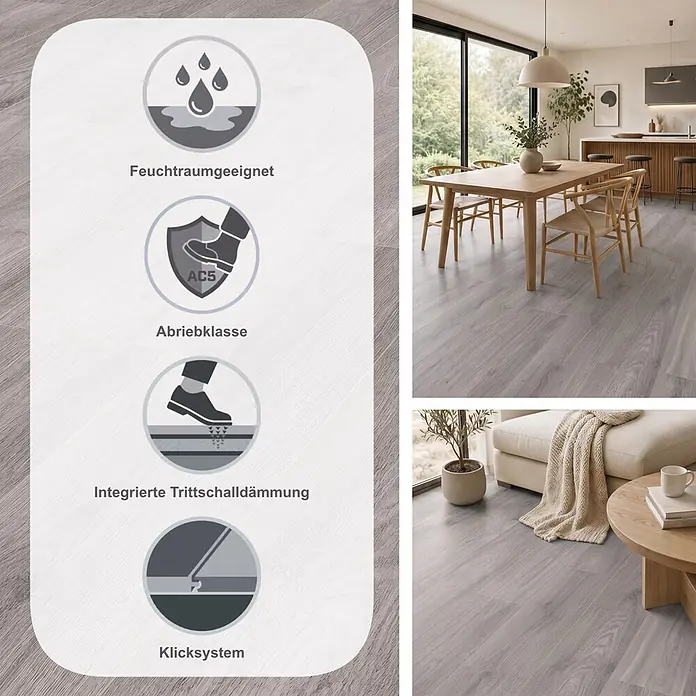 Krono Original Laminat Comfort Silent Cork - Ethereal Oak, Landhausdiele, 1.288 x 195 x 8 mm - Hellgrauer Boden in Holzoptik, wasserbeständig, Abriebklasse AC5, allergikerfreundlich und antibakteriell in modernem Interieur.