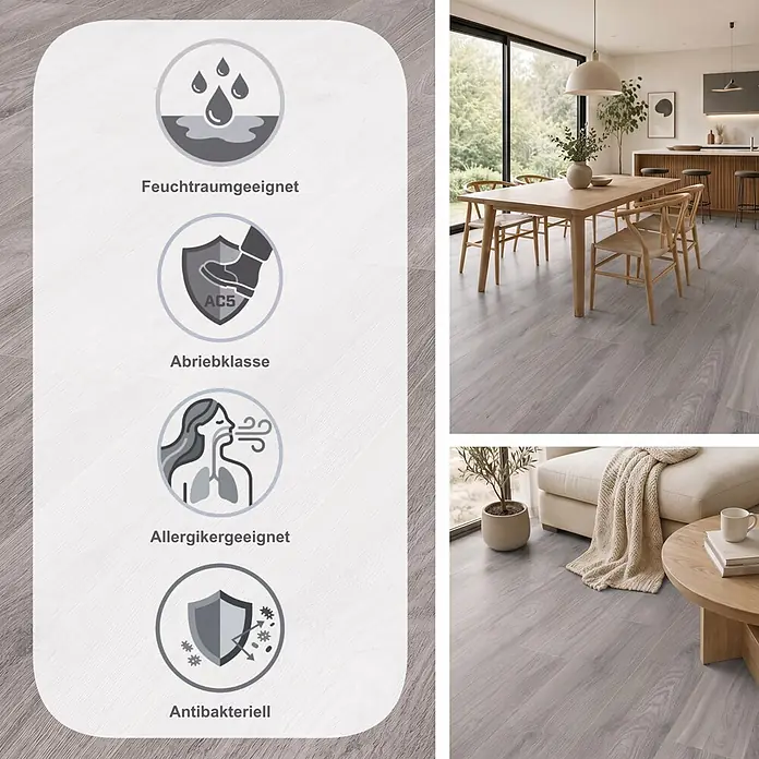 Krono Original Laminat Comfort Silent Cork - Ethereal Oak, Landhausdiele, 1.288 x 195 x 8 mm - Hellgrauer Boden in Holzoptik, wasserbeständig, Abriebklasse AC5, allergikerfreundlich und antibakteriell in modernem Interieur.