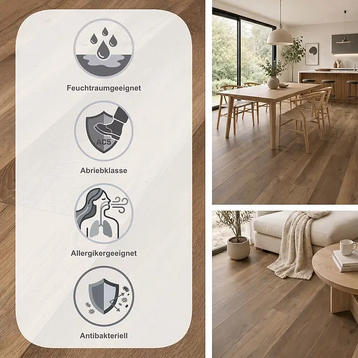 Krono Original Laminat Atlantic 8|33 - Wild West Oak, Landhausdiele, 1.288 x 195 x 8 mm - Brauner Laminatboden, feuchtraumgeeignet, Abriebklasse AC5, allergikerfreundlich, antibakteriell, in modernen Wohnräumen gezeigt.