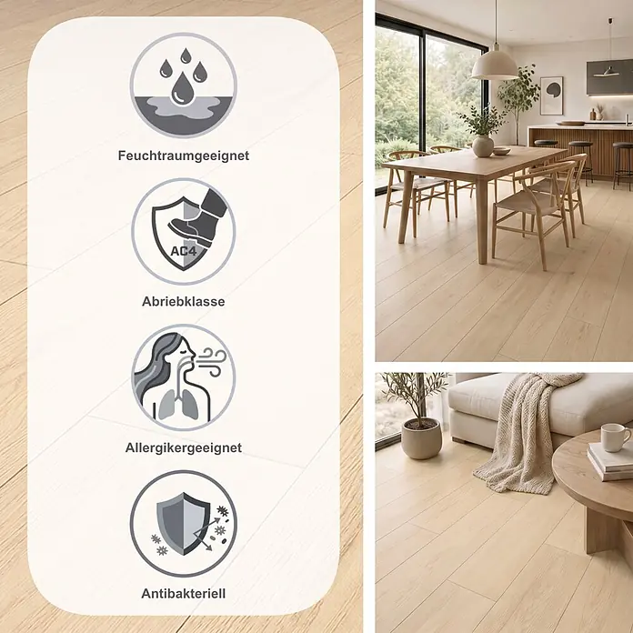 Krono Original Laminat Long Plank 8 - Cream Darcy Oak, Landhausdiele, 2.003 x 245 x 8 mm - Heller, holzfarbener Boden mit wasserabweisenden, AC4-resistenten, allergikerfreundlichen und antibakteriellen Eigenschaften, in modernen Wohnräumen gezeigt.