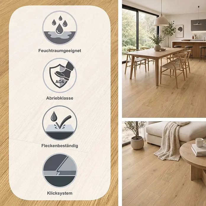 LOGOCLIC Vinto Laminat - Summer, Landhausdiele, 1.288 x 195 x 8 mm - Heller Holzoptik-Boden in modernen Wohnräumen, mit Piktogrammen für Feuchtraumeignung, Abriebklasse, Allergiker- und Fleckenbeständigkeit.