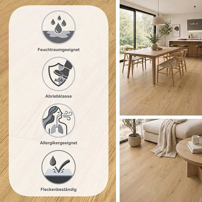 LOGOCLIC Vinto Laminat - Summer, Landhausdiele, 1.288 x 195 x 8 mm - Heller Holzoptik-Boden in modernen Wohnräumen, mit Piktogrammen für Feuchtraumeignung, Abriebklasse, Allergiker- und Fleckenbeständigkeit.