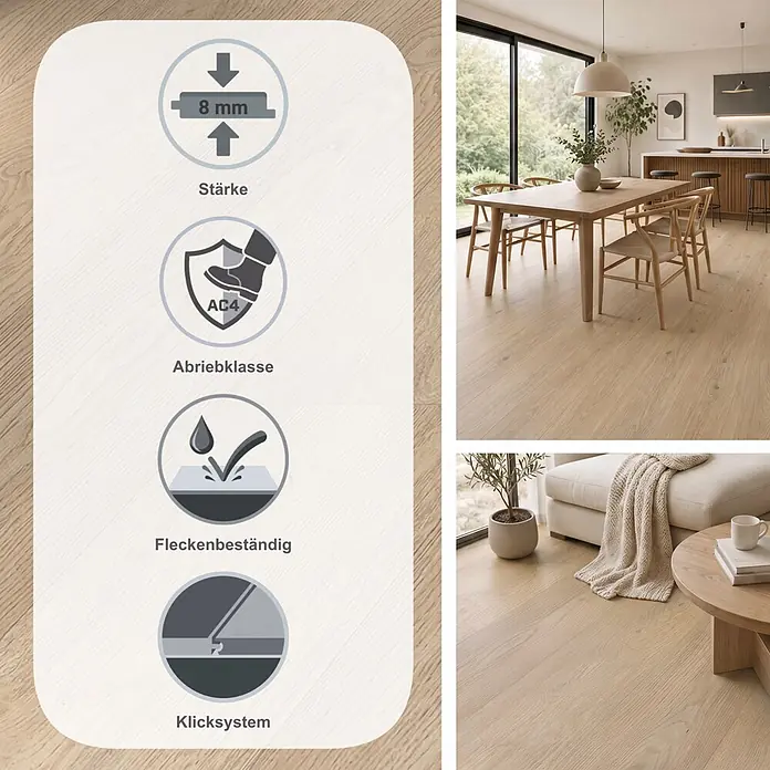 LOGOCLIC Edition Laminat Vinto - Twilight Oak, Landhausdiele, 1.288 x 245 x 8 mm - Heller Holzboden, 8mm stark, AC4-zertifiziert, allergikerfreundlich & fleckenbeständig, schön in modernen Wohnräumen verlegt.