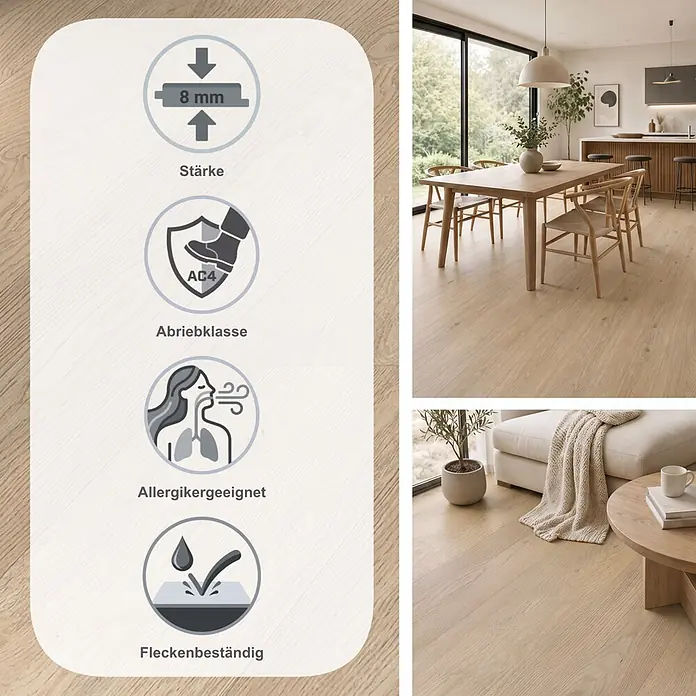 LOGOCLIC Edition Laminat Vinto - Twilight Oak, Landhausdiele, 1.288 x 245 x 8 mm - Heller Holzboden, 8mm stark, AC4-zertifiziert, allergikerfreundlich & fleckenbeständig, schön in modernen Wohnräumen verlegt.