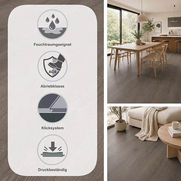 Krono Original Laminat Atlantic 8 - 1.288 x 195 x 8 mm, Grey Palais Oak, AC4, Druckbeständig - Dunkler Holzboden in modernem Zuhause, wasserfest, strapazierfähig, allergiker- und antibakteriell.