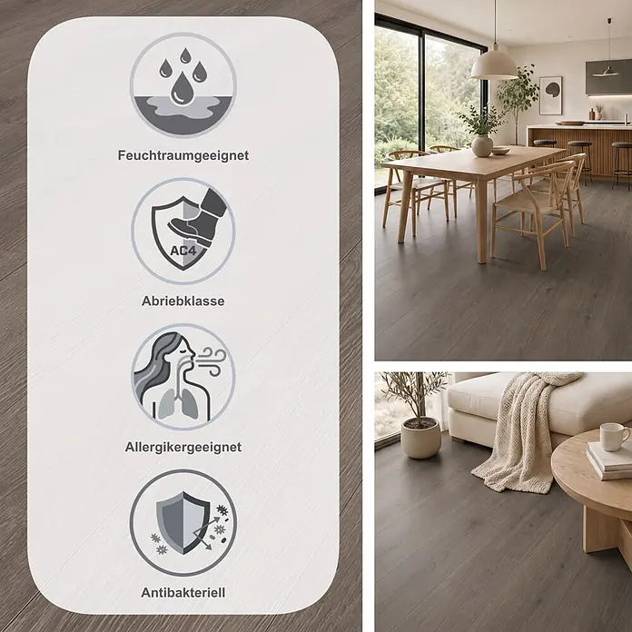 Krono Original Laminat Atlantic 8 - Grey Palais Oak, Landhausdiele, 1.288 x 195 x 8 mm - Dunkler Holzboden in modernem Zuhause, wasserfest, strapazierfähig, allergiker- und antibakteriell.
