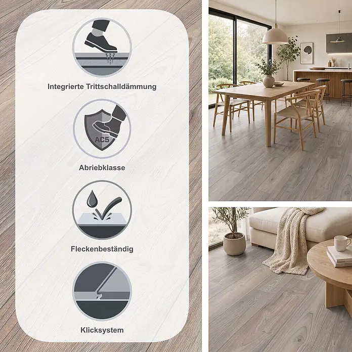 LOGOCLIC Ambienta Laminat - Eiche Alba, Landhausdiele, 1.288 x 195 x 10 mm - Heller grauer Holzoptik-Bodenbelag in einem modernen Zuhause, mit Trittschalldämmung, AC5-Abriebklasse, allergikergeeignet und fleckenbeständig.