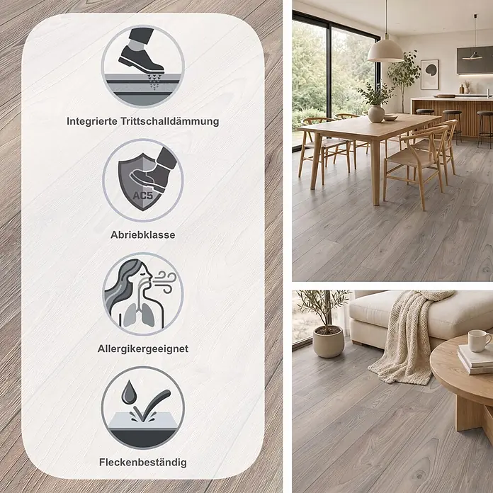 LOGOCLIC Ambienta Laminat - Eiche Alba, Landhausdiele, 1.288 x 195 x 10 mm - Heller grauer Holzoptik-Bodenbelag in einem modernen Zuhause, mit Trittschalldämmung, AC5-Abriebklasse, allergikergeeignet und fleckenbeständig.