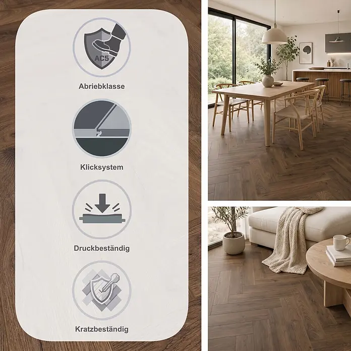 LOGOCLIC Vinto Laminat Herringbone - Oberon Oak, Landhausdiele, 630 x 126 x 8 mm - Dunkelbrauner Fischgrät-Laminatboden mit Abriebklasse AC5, allergikerfreundlich, antibakteriell und Klicksystem, in modernen Räumen.