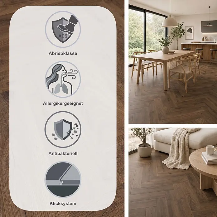 LOGOCLIC Vinto Laminat Herringbone - Oberon Oak, Landhausdiele, 630 x 126 x 8 mm - Dunkelbrauner Fischgrät-Laminatboden mit Abriebklasse AC5, allergikerfreundlich, antibakteriell und Klicksystem, in modernen Räumen.