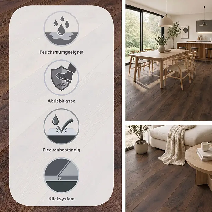 LOGOCLIC Aquaprotect Smart Silent Laminat - Braun, Landhausdiele, 1.288 x 195 x 7 mm - Dunkelbrauner Laminatboden in Holzoptik, wasserfest, AC5 abriebfest, allergikerfreundlich und fleckenbeständig, in Wohnräumen verlegt.