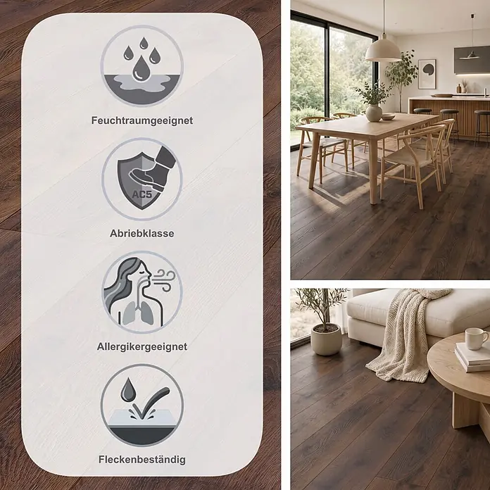 LOGOCLIC Aquaprotect Smart Silent Laminat - Braun, Landhausdiele, 1.288 x 195 x 7 mm - Dunkelbrauner Laminatboden in Holzoptik, wasserfest, AC5 abriebfest, allergikerfreundlich und fleckenbeständig, in Wohnräumen verlegt.
