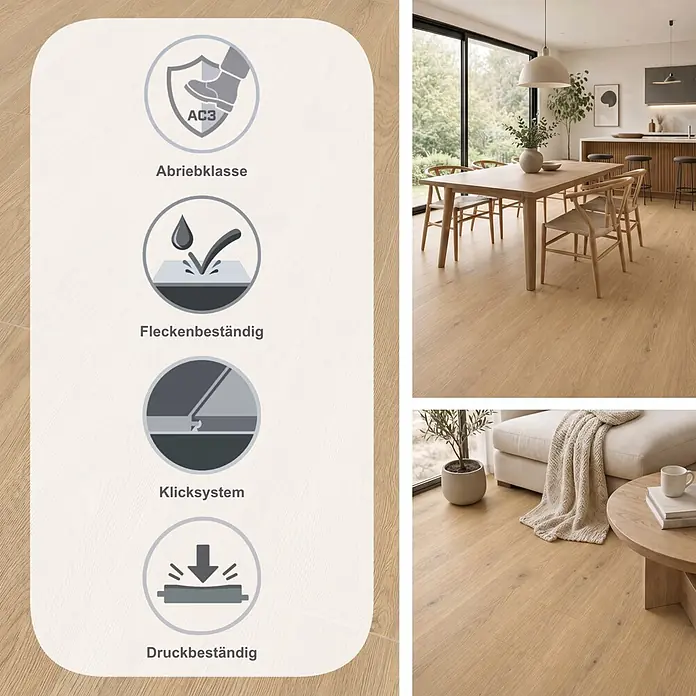 LOGOCLIC Family Laminat - Eiche Diosa, Landhausdiele, 1.288 x 195 x 7 mm - Helles Holzlaminat mit AC3 Abriebklasse, allergikerfreundlich, fleckenbeständig und Klicksystem. Gezeigt in modernem Zuhause.