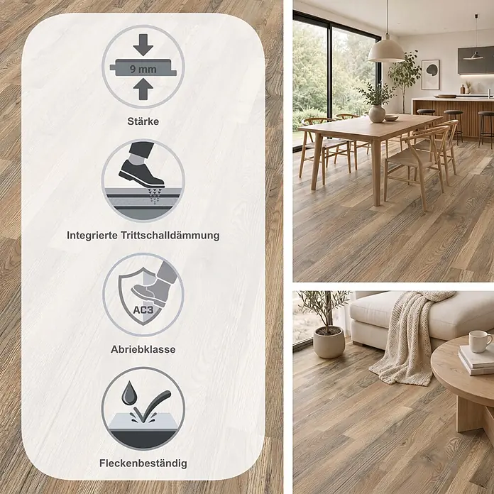 LOGOCLIC Silentos Laminat - Eiche Cabino, Landhausdiele, 1.288 x 195 x 9 mm - Holzoptik-Laminatboden, 9mm stark mit AC3-Abriebklasse, integrierter Trittschalldämmung und Fleckenbeständigkeit, in Wohnräumen dargestellt.