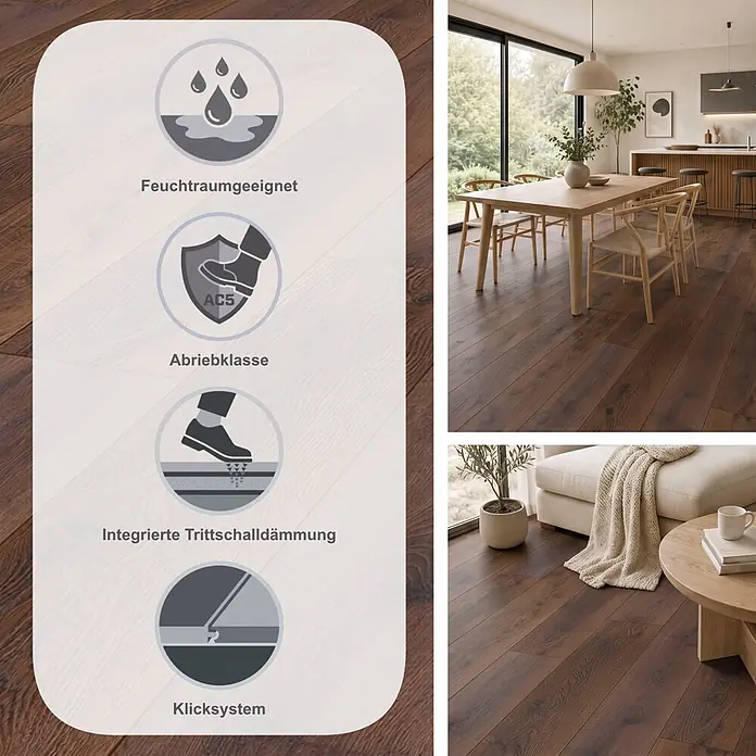 Krono Original Laminat Comfort Silent Cork - Bourbon Hills Oak, Landhausdiele, 1.288 x 195 x 8 mm - Dunkler Laminatboden in Holzoptik für moderne Wohnräume, mit Symbolen für wichtige Funktionseigenschaften.