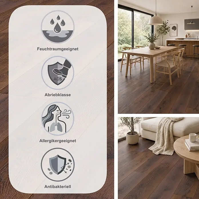 Krono Original Laminat Comfort Silent Cork - Bourbon Hills Oak, Landhausdiele, 1.288 x 195 x 8 mm - Dunkler Laminatboden in Holzoptik für moderne Wohnräume, mit Symbolen für wichtige Funktionseigenschaften.