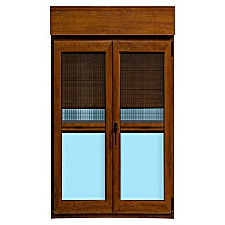 Balconera de PVC practicable-oscilobatiente (140 x 218 cm, Derecha, Marrón, Con persiana de PVC y mosquitera)