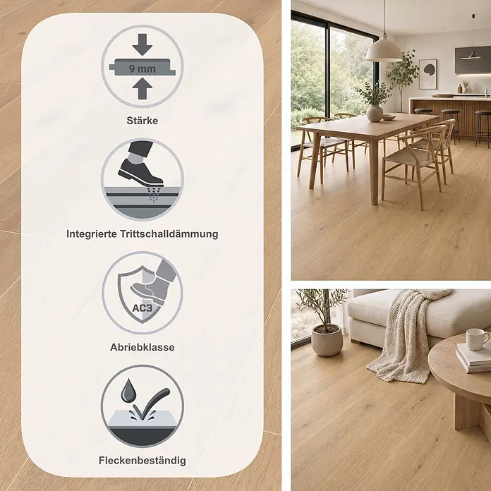 LOGOCLIC Silentos Laminat - Eiche Forli, Landhausdiele, 1.288 x 195 x 9 mm - Helles Laminat in Eichenoptik (9 mm dick), mit integrierter Trittschalldämmung, Abriebklasse AC3 und fleckenbeständig, gezeigt in modernen Wohnräumen.