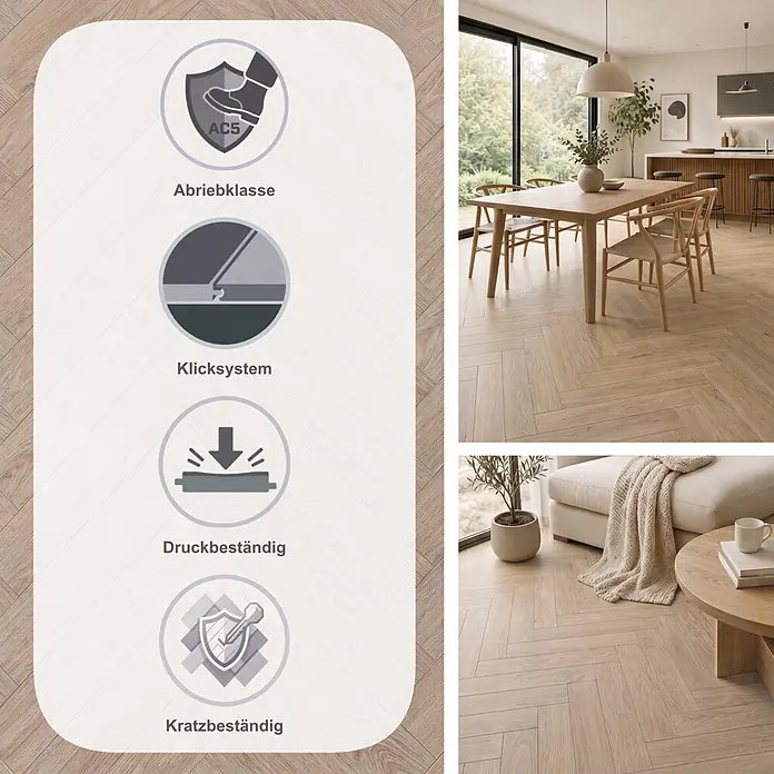 Krono Original Laminat Herringbone - Aged Montanara Oak, Fischgrät, 630 x 126 x 8 mm - Heller Bodenbelag in Holzoptik mit Fischgrätmuster, AC5-Abriebklasse, allergikergeeignet, antibakteriell und Klicksystem, in modernen Wohnräumen.