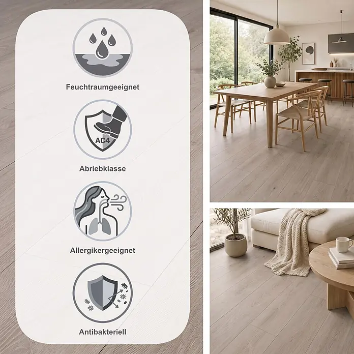 Krono Original Laminat Long Plank 8 - Aged Montanara Oak, Landhausdiele, 2.003 x 245 x 8 mm - Heller Holzfußboden in Wohnräumen. Symbole zeigen Feuchtraumeignung, AC4-Beständigkeit, Allergikerfreundlichkeit und antibakterielle Eigenschaften.