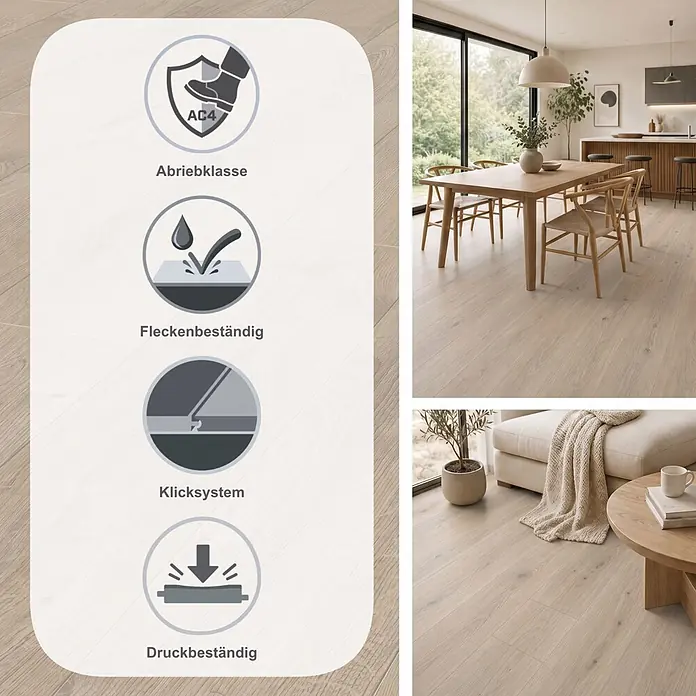 LOGOCLIC Vinto Laminat - Eiche Venetia, Landhausdiele, 1.288 x 195 x 8 mm - Heller Holz-Laminatboden mit Abriebklasse AC4, allergikergeeignet, fleckenbeständig und Klicksystem, in modernen Wohn- und Essbereichen gezeigt.
