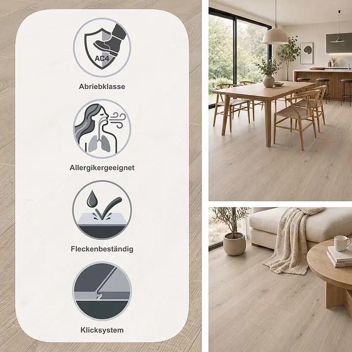 LOGOCLIC Vinto Laminat - Eiche Venetia, Landhausdiele, 1.288 x 195 x 8 mm - Heller Holz-Laminatboden mit Abriebklasse AC4, allergikergeeignet, fleckenbeständig und Klicksystem, in modernen Wohn- und Essbereichen gezeigt.