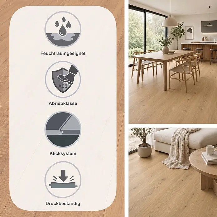 Krono Original Laminat Clever - Honey Ribera Oak, Landhausdiele, 1.288 x 195 x 6 mm - Heller Laminatboden in Ess- und Wohnzimmer. Symbole zeigen Feuchtraumeignung, Abriebklasse AC5, Allergikerfreundlichkeit und antibakterielle Eigenschaften.