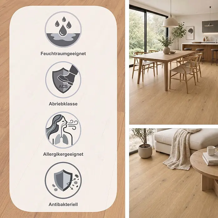 Krono Original Laminat Clever - Honey Ribera Oak, Landhausdiele, 1.288 x 195 x 6 mm - Heller Laminatboden in Ess- und Wohnzimmer. Symbole zeigen Feuchtraumeignung, Abriebklasse AC5, Allergikerfreundlichkeit und antibakterielle Eigenschaften.