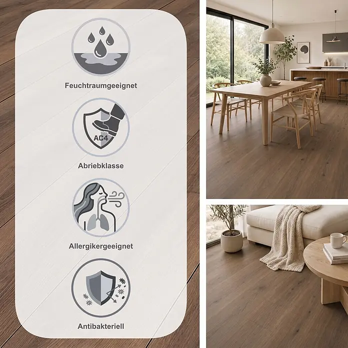 Krono Original Laminat Atlantic 8 - Tan Parioli Oak, Landhausdiele, 1.288 x 195 x 8 mm - Dunkelbrauner Holzboden in einem modernen Zuhause, mit Langlebigkeit, Feuchtigkeitsbeständigkeit und gesundheitsbewussten Vorteilen.