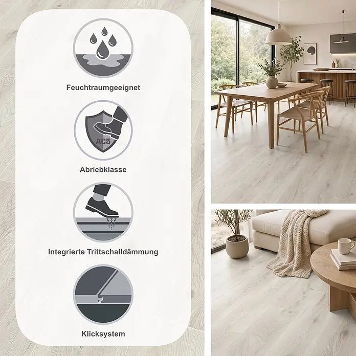 Krono Original Laminat Comfort Silent Cork - Chantilly Oak, Landhausdiele, 1.288 x 195 x 8 mm - Heller Laminatboden in Holzoptik in modernem Zuhause, mit Eigenschaften: feuchtraumgeeignet, Abriebklasse AC5, allergikerfreundlich, antibakteriell.