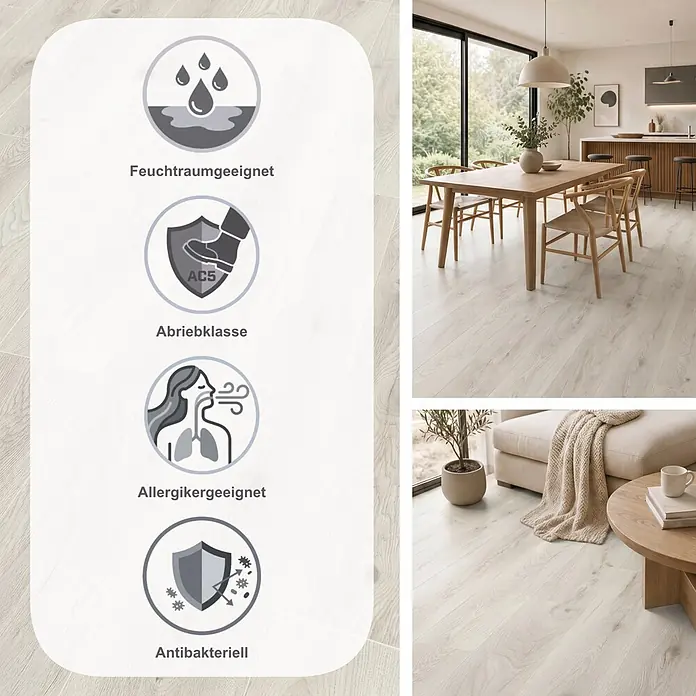 Krono Original Laminat Comfort Silent Cork - Chantilly Oak, Landhausdiele, 1.288 x 195 x 8 mm - Heller Laminatboden in Holzoptik in modernem Zuhause, mit Eigenschaften: feuchtraumgeeignet, Abriebklasse AC5, allergikerfreundlich, antibakteriell.